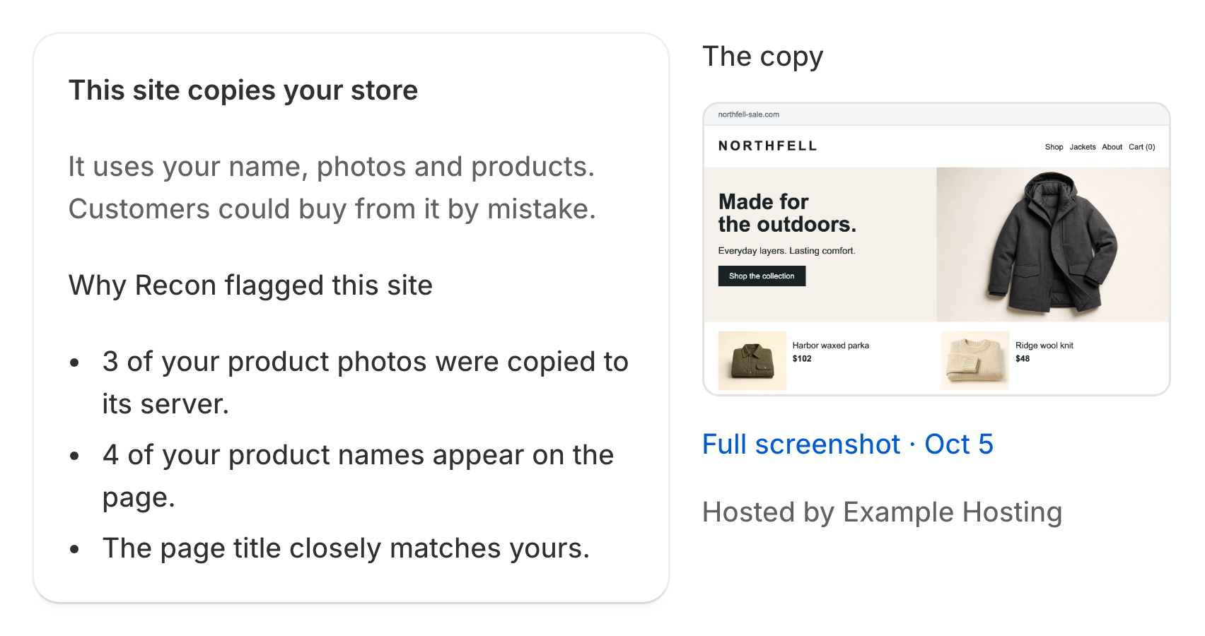 Illustrative clone evidence for the fictional Northfell store
