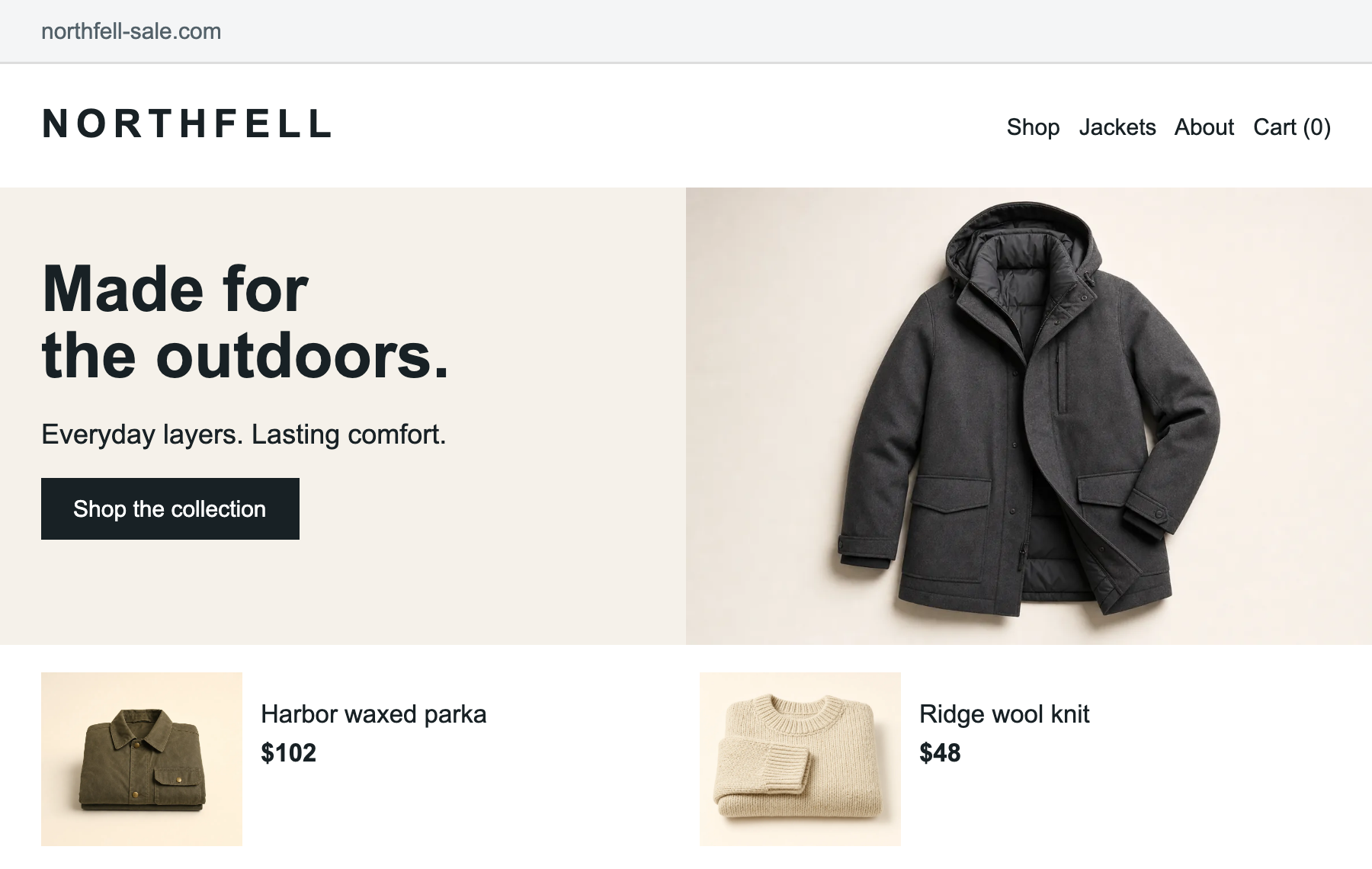 Home page of northfell-sale.com, a copy of the Northfell store with the same logo, jacket photo and product names.