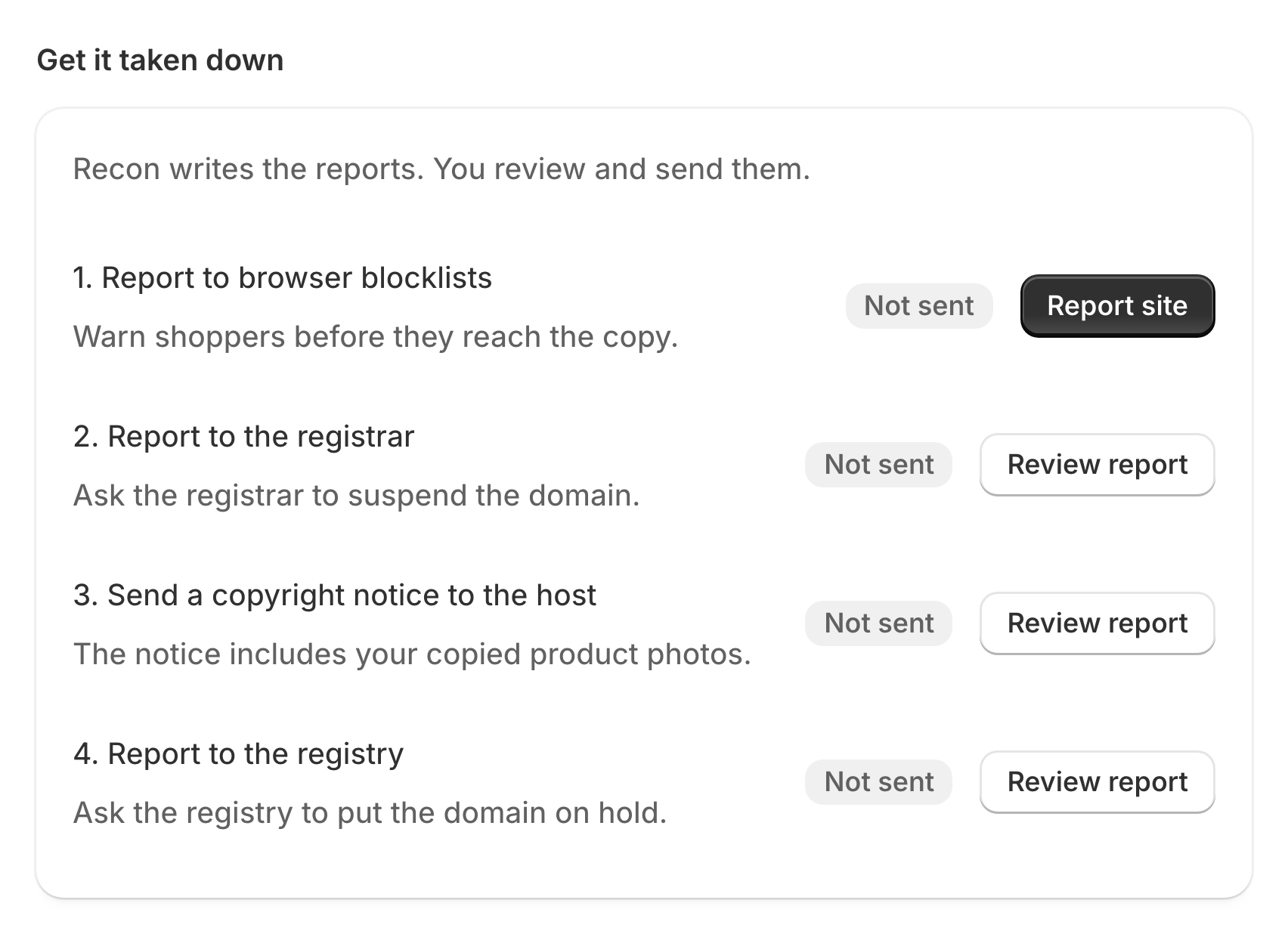 Illustrative Recon notice section with the Download takedown draft action for the merchant to review and send.