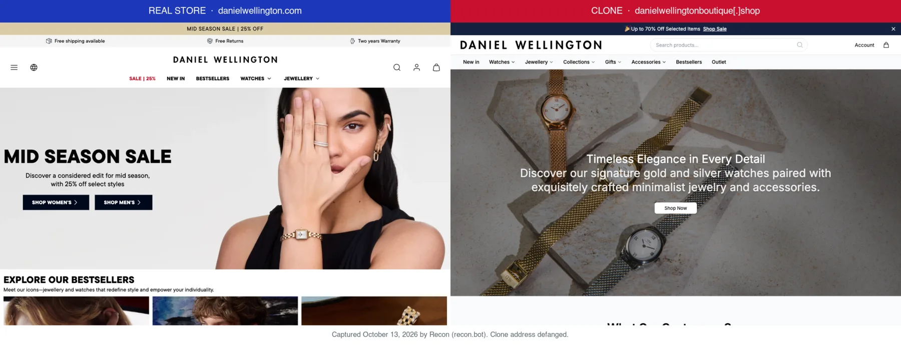 Daniel Wellington's real store next to a clone at danielwellingtonboutique[.]shop, captured October 13, 2026
