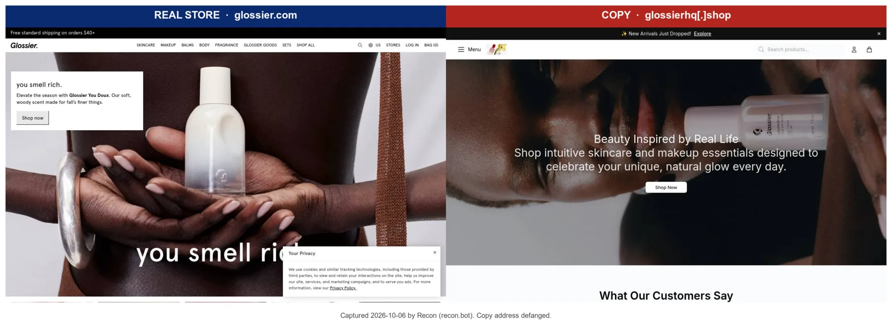 Glossier's real store at glossier.com next to a clone at glossierhq[.]shop