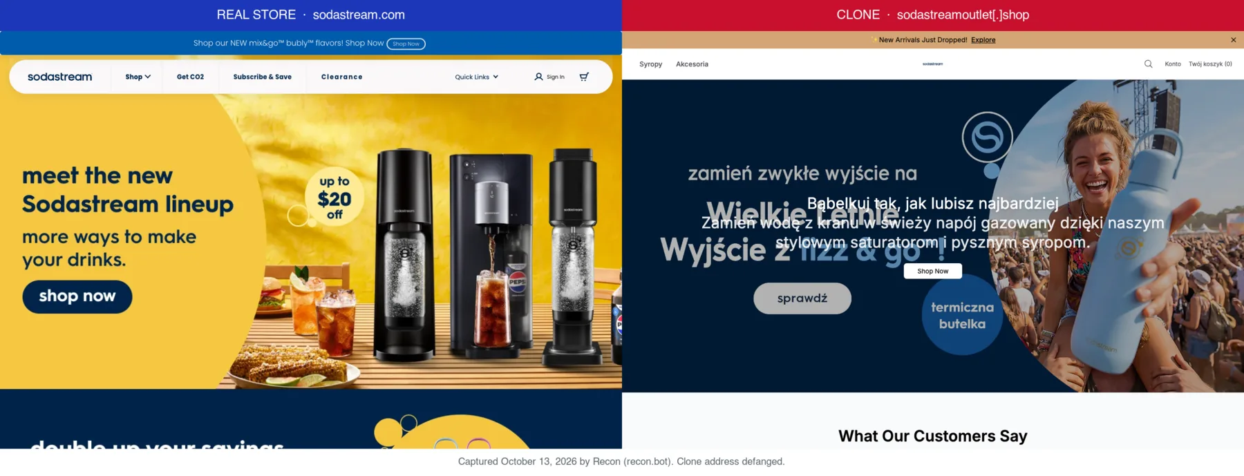 SodaStream's real store next to a Polish-language clone at sodastreamoutlet[.]shop, captured October 13, 2026