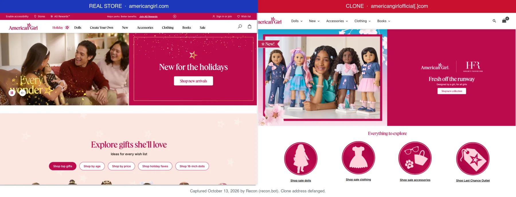 American Girl's real store next to a clone at americangirlofficial[.]com