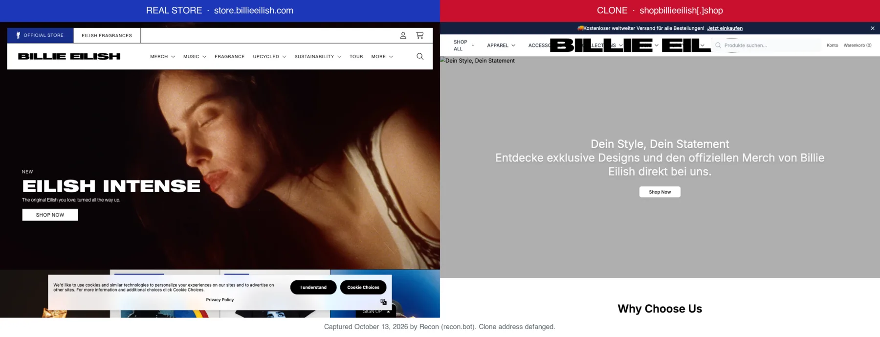 Billie Eilish's real store next to a clone at shopbillieeilish[.]shop