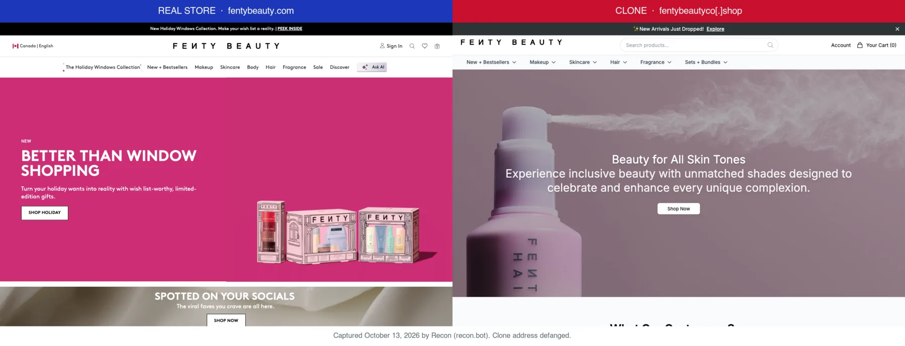 Fenty Beauty's real store next to a clone at fentybeautyco[.]shop