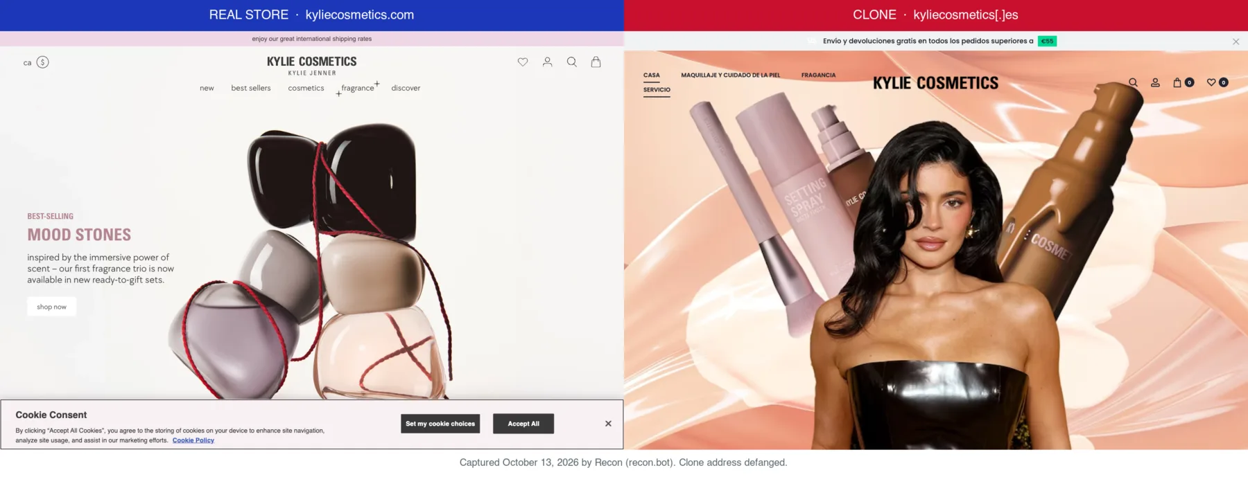 Kylie Cosmetics' real store next to a clone at kyliecosmetics[.]es