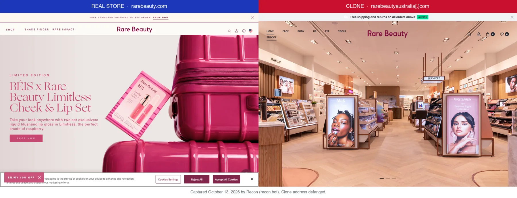 Rare Beauty's real store next to a clone at rarebeautyaustralia[.]com