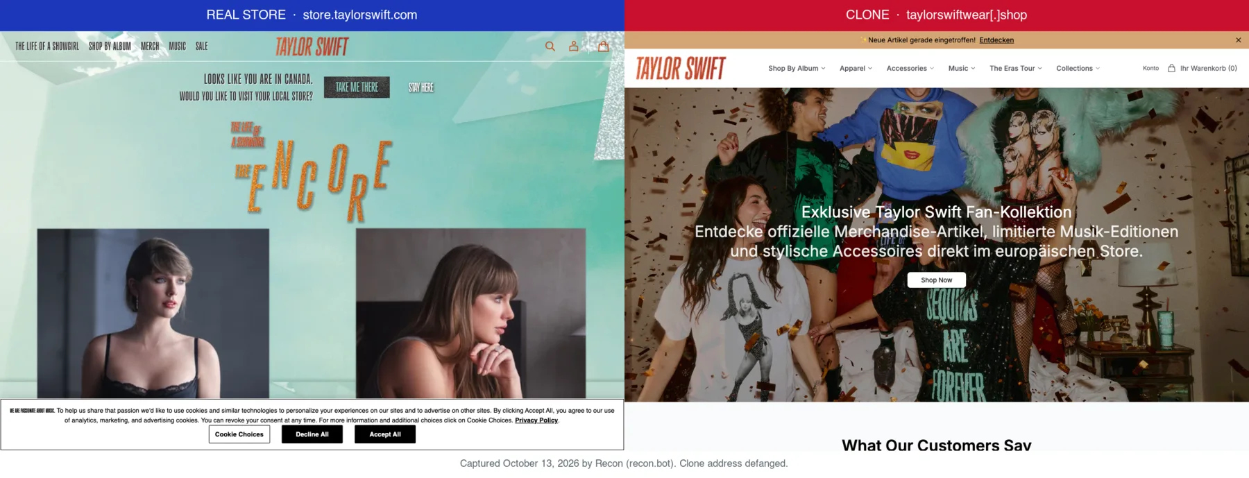 Taylor Swift's official store next to a clone at taylorswiftwear[.]shop