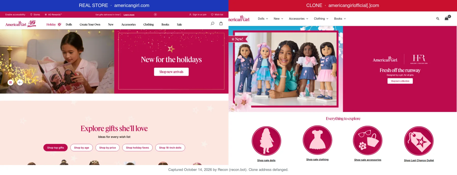 American Girl's real store next to a clone at americangirlofficial[.]com