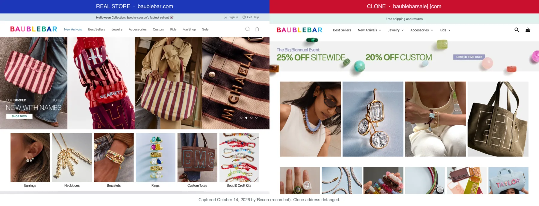 BaubleBar's real store next to a clone at baublebarsale[.]com