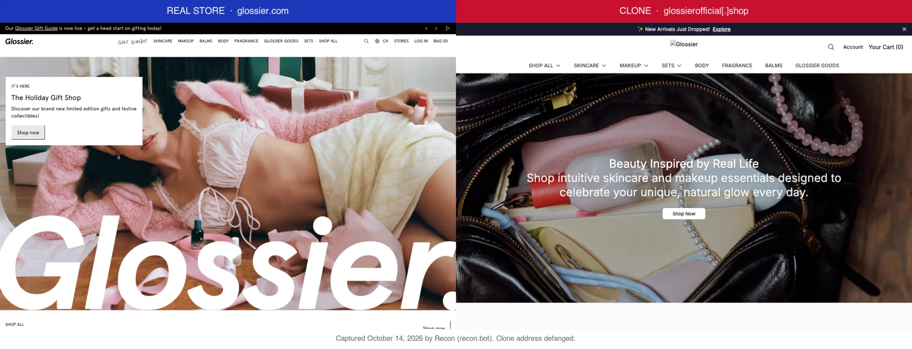 Glossier's real store next to a clone at glossierofficial[.]shop