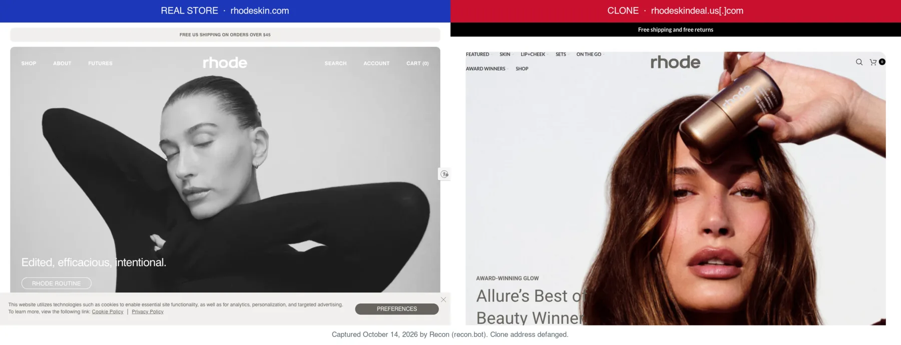 rhode's real store at rhodeskin.com next to a clone at rhodeskindeal.us[.]com