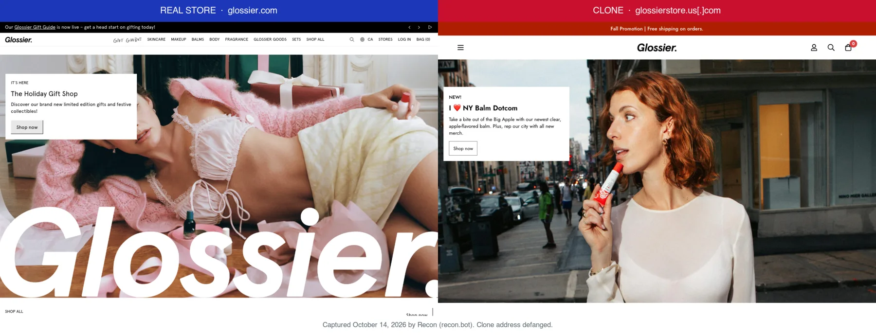 Glossier's real store next to a clone at glossierstore.us[.]com