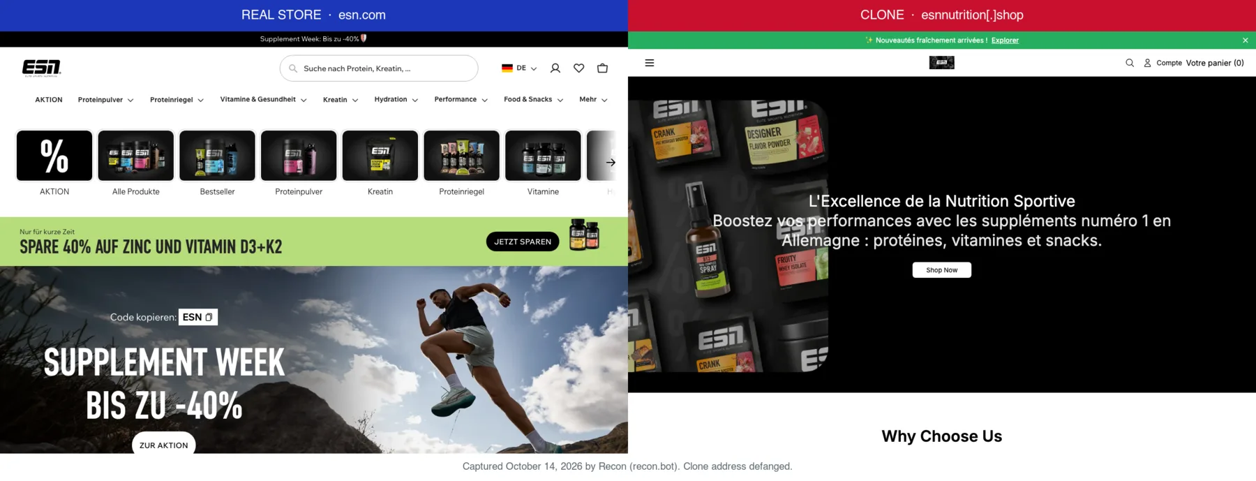 ESN's real store next to a clone at esnnutrition[.]shop