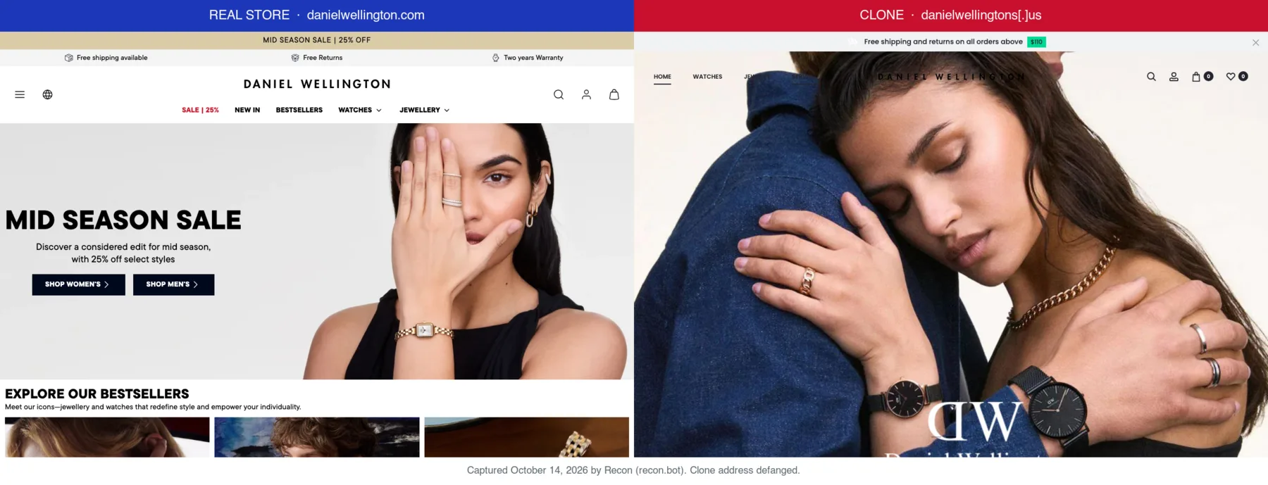 Daniel Wellington's real store next to a clone at danielwellingtons[.]us