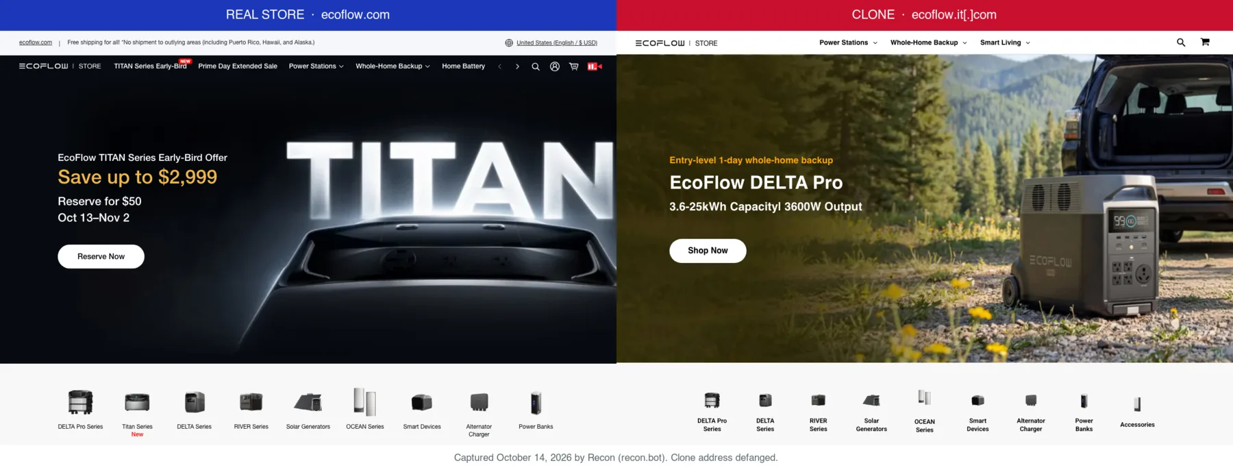 EcoFlow's real store next to a clone at ecoflow.it[.]com